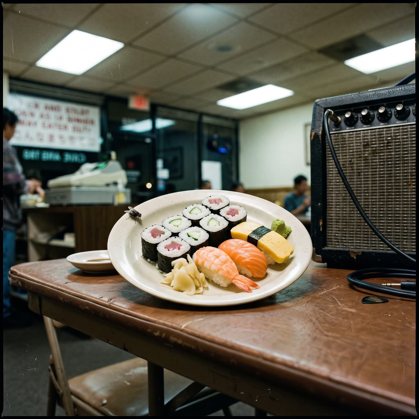 A plate of sushi rolls and nigiri on a worn folding table beside a guitar amplifier, a fly on the rim of the plate