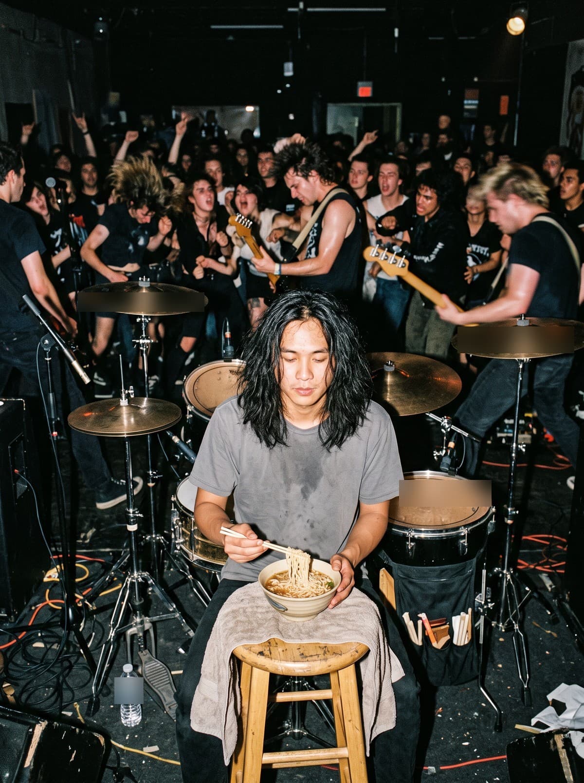 A long-haired drummer in a gray T-shirt calmly eating noodles from a bowl on a stool behind his kit while the crowd surges