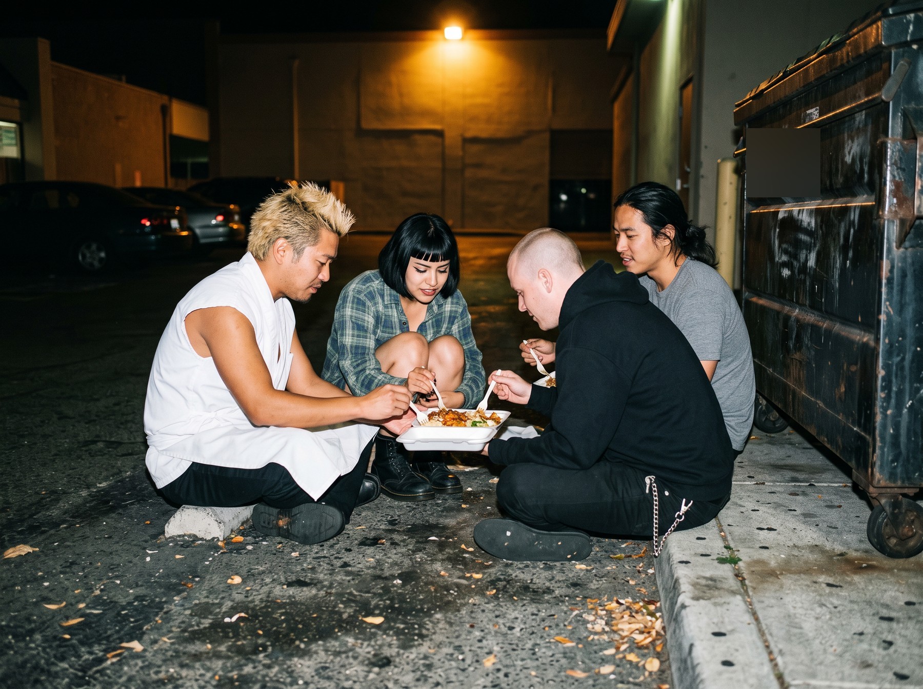 The four band members crouched on a curb beside a dumpster at night, sharing a foam takeout container